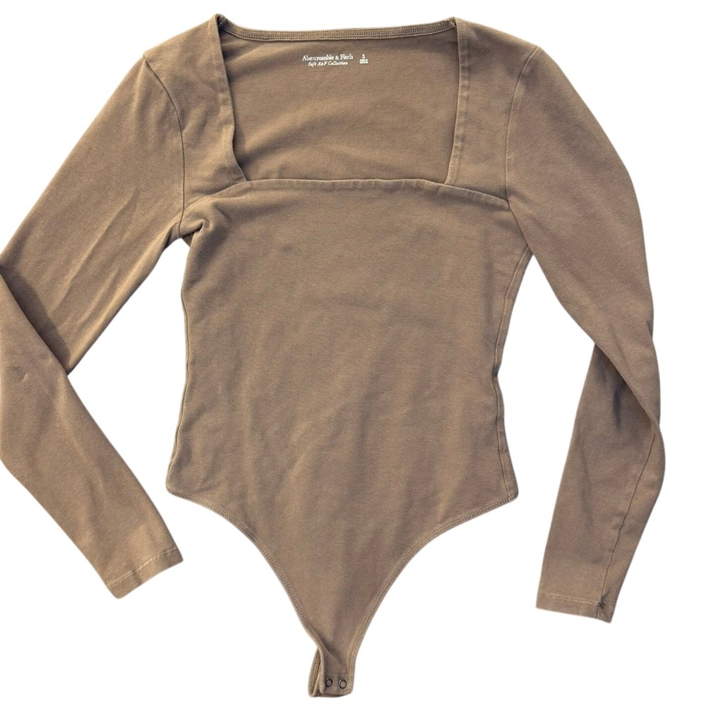Abercrombie & Fitch Soft A&F Collection Square Neck Long Sleeve Bodysuit Taupe S